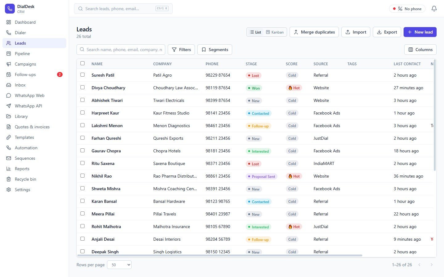 DialDesk CRM — Leads