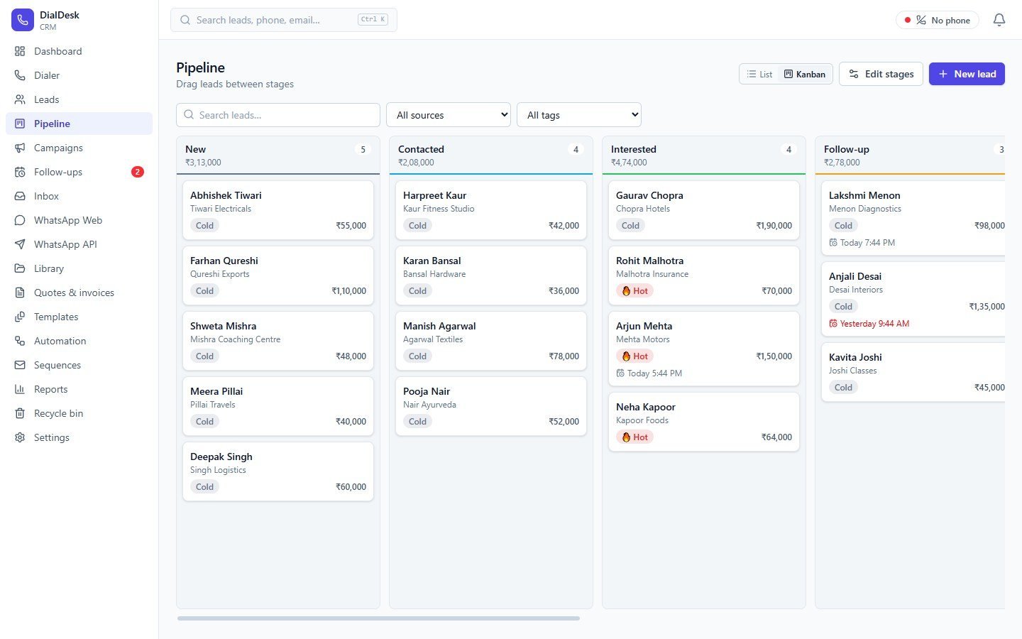 DialDesk CRM — Pipeline