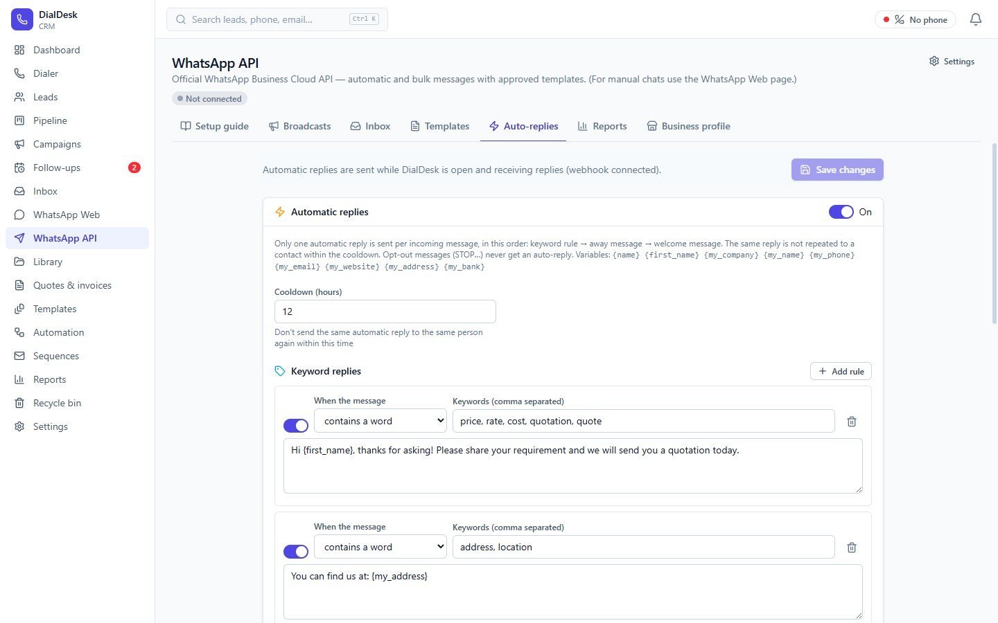 DialDesk CRM — WhatsApp